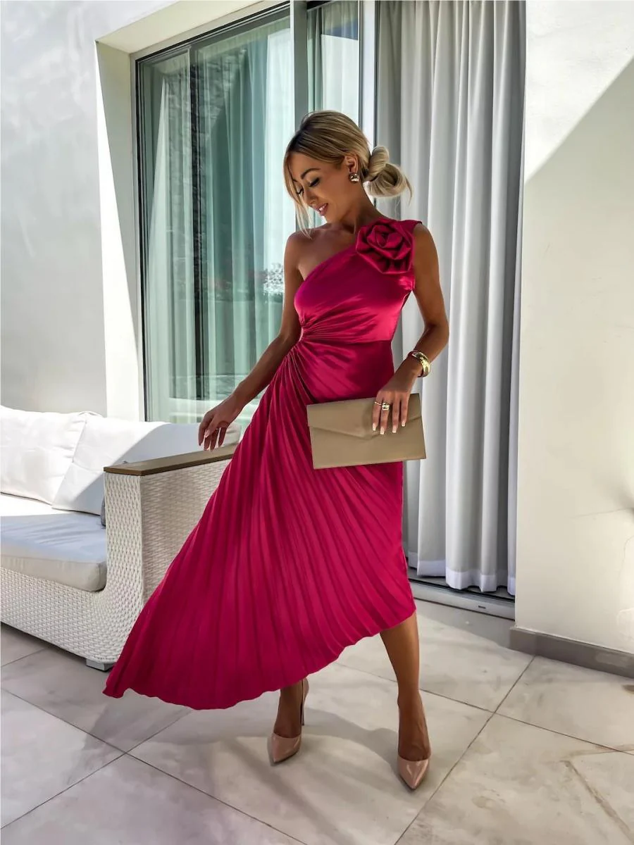 Sloping Shoulders Pleated Hollow Flowers Parties Bridesmaid Maxi Dresses - Image 12