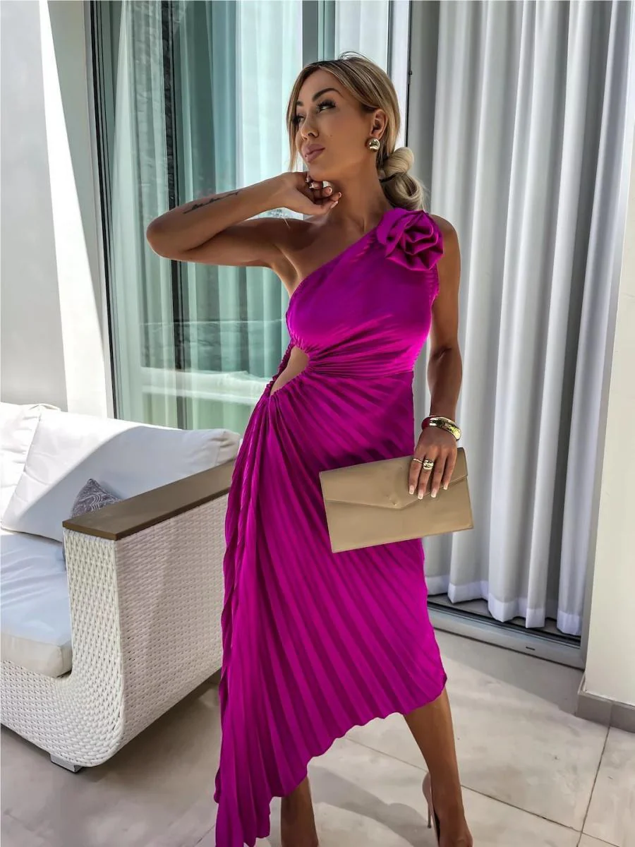 Sloping Shoulders Pleated Hollow Flowers Parties Bridesmaid Maxi Dresses - Image 2