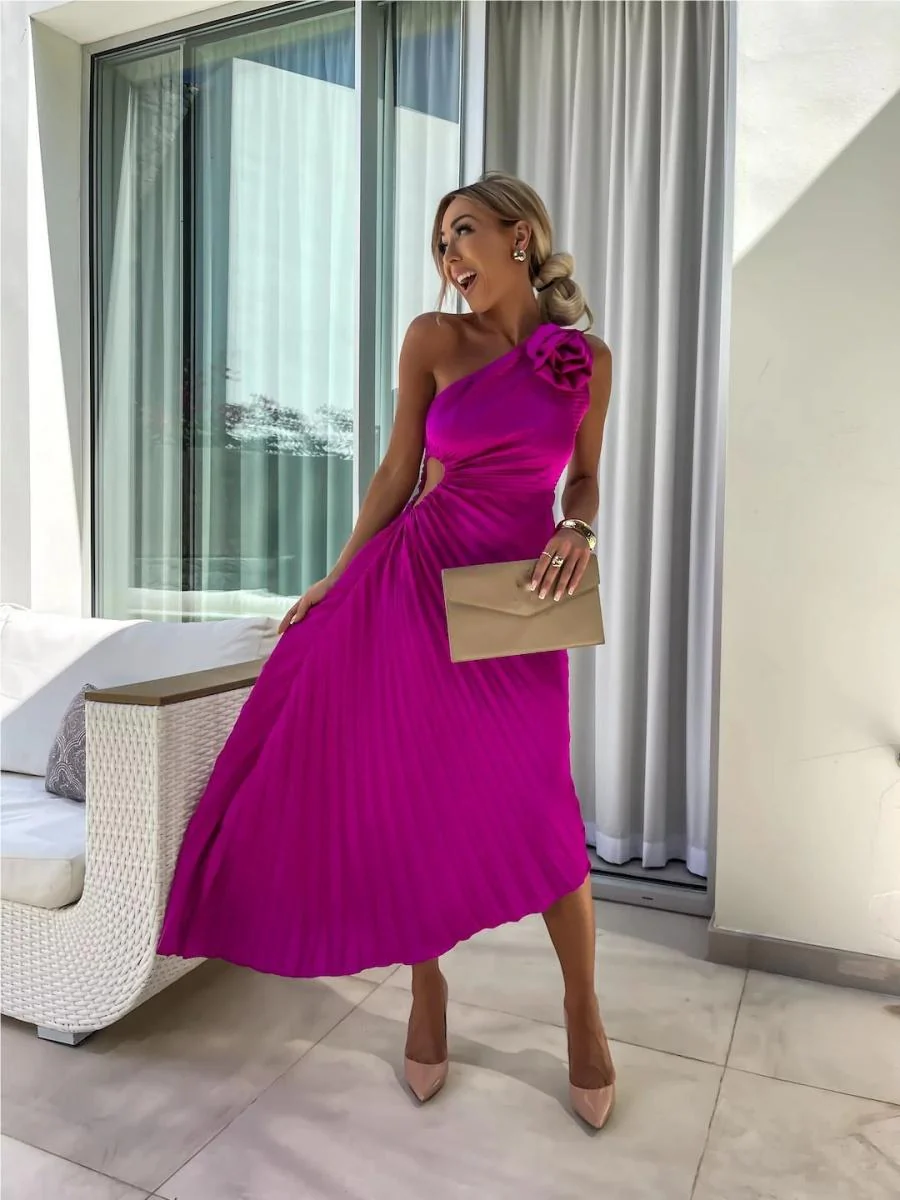 Sloping Shoulders Pleated Hollow Flowers Parties Bridesmaid Maxi Dresses - Image 4