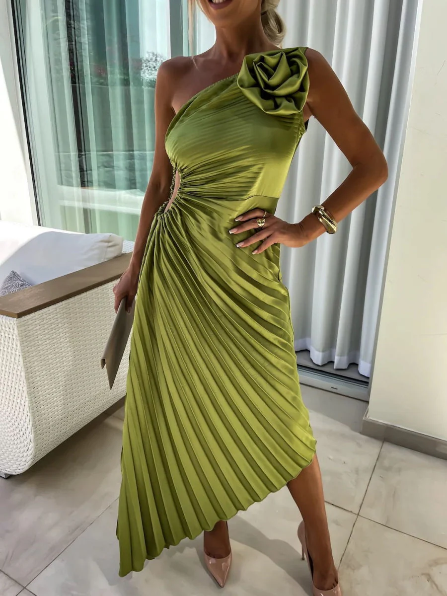 Sloping Shoulders Pleated Hollow Flowers Parties Bridesmaid Maxi Dresses - Image 8