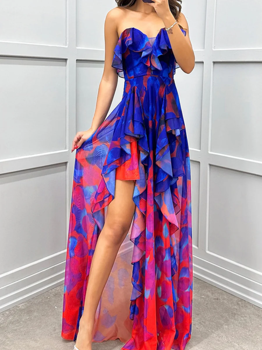 Mesh Printed Slit Ruffle Formal Dress Maxi Dresses