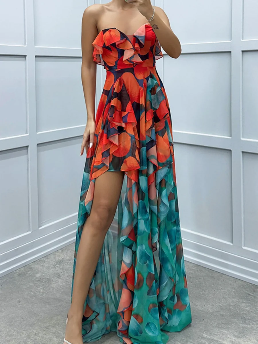 Mesh Printed Slit Ruffle Formal Dress Maxi Dresses - Image 10