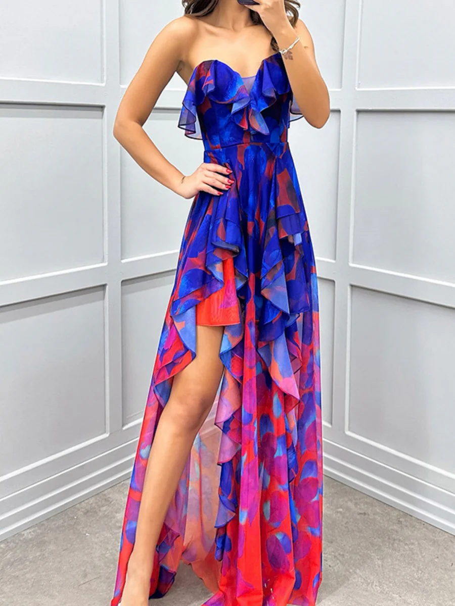 Mesh Printed Slit Ruffle Formal Dress Maxi Dresses - Image 4