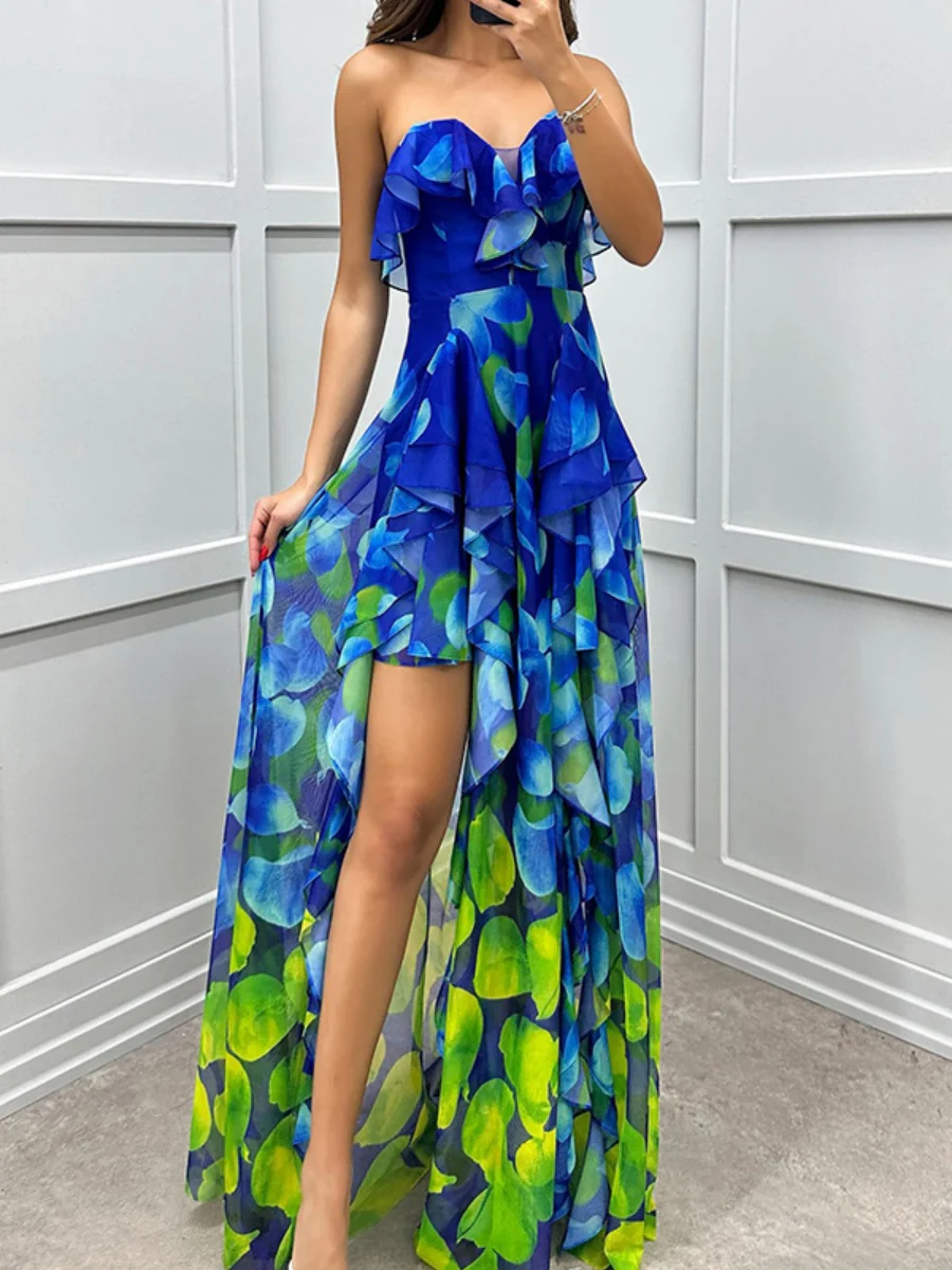Mesh Printed Slit Ruffle Formal Dress Maxi Dresses - Image 5