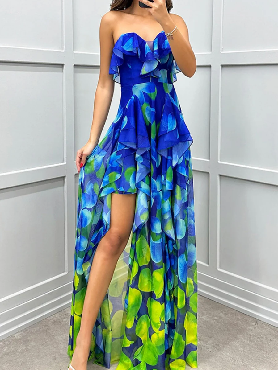 Mesh Printed Slit Ruffle Formal Dress Maxi Dresses - Image 6