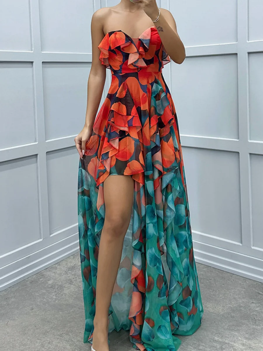 Mesh Printed Slit Ruffle Formal Dress Maxi Dresses - Image 9