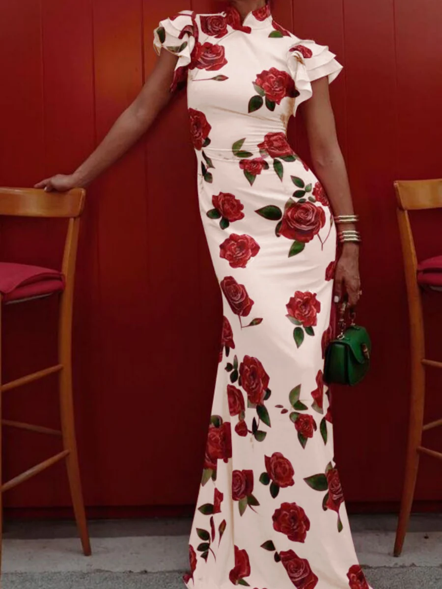 Improved Cheongsam Buttons Printed Formal Dress Maxi Dresses - Image 10