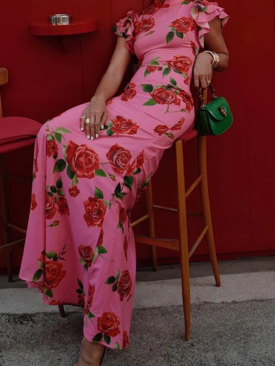 Improved Cheongsam Buttons Printed Formal Dress Maxi Dresses - Image 3