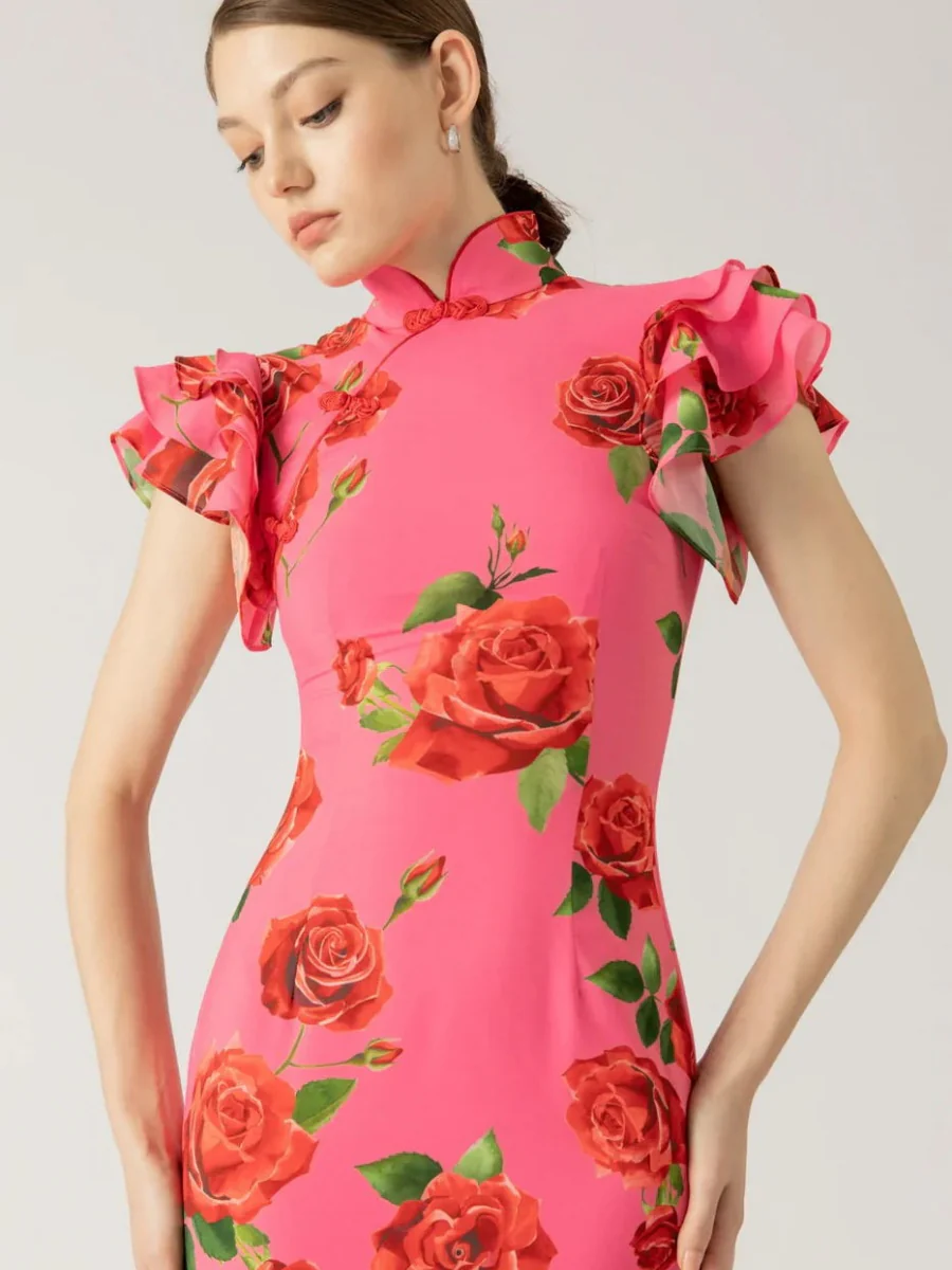 Improved Cheongsam Buttons Printed Formal Dress Maxi Dresses - Image 5