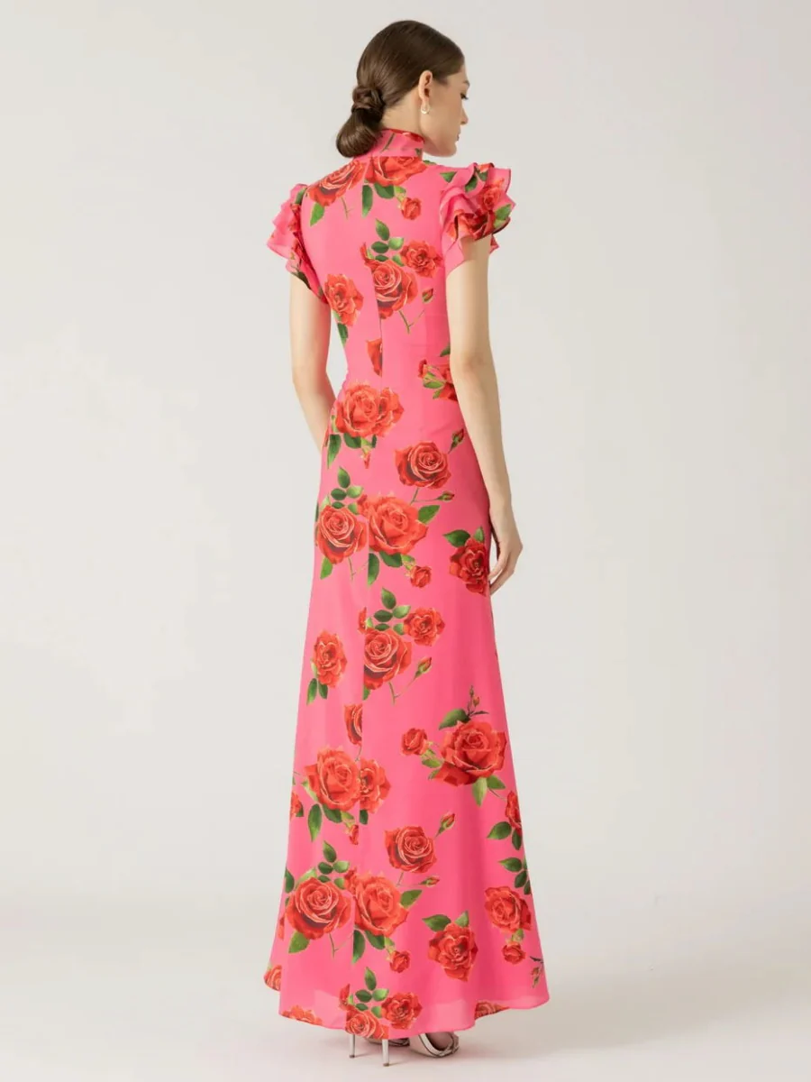 Improved Cheongsam Buttons Printed Formal Dress Maxi Dresses - Image 6