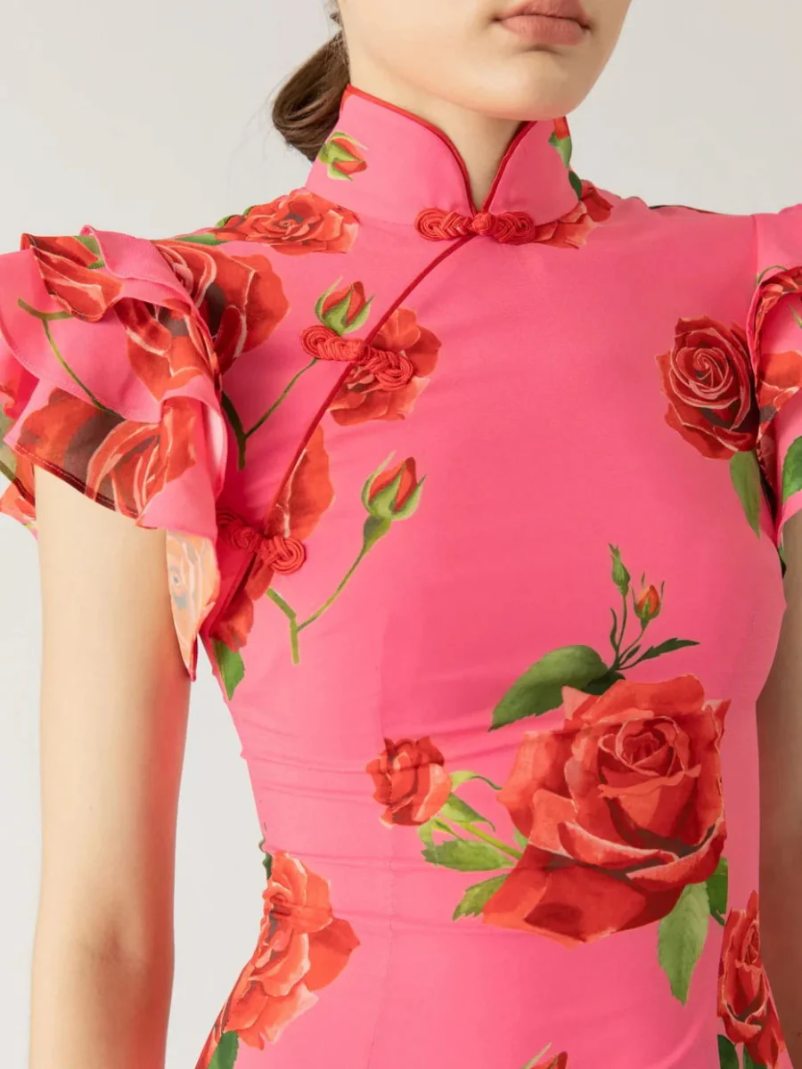 Improved Cheongsam Buttons Printed Formal Dress Maxi Dresses - Image 7