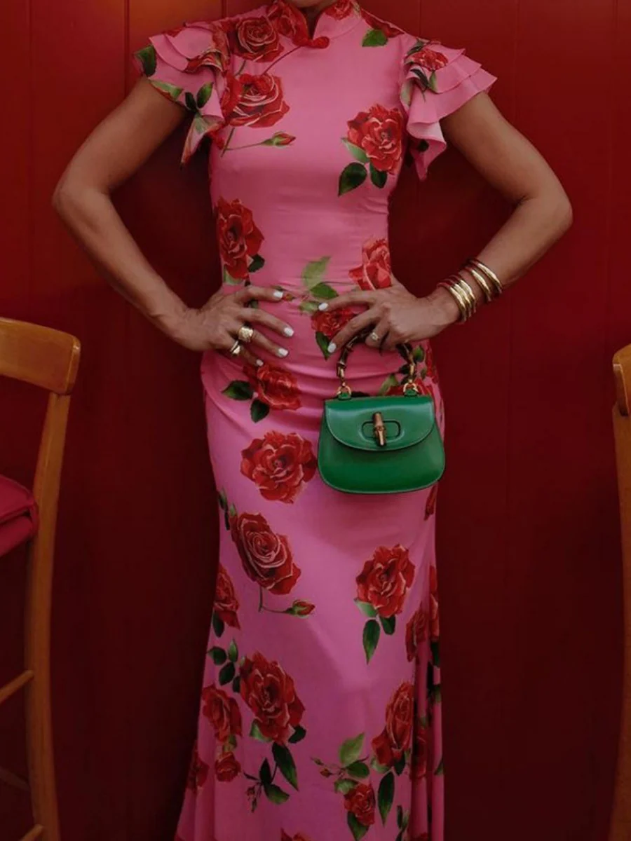 Improved Cheongsam Buttons Printed Formal Dress Maxi Dresses - Image 8