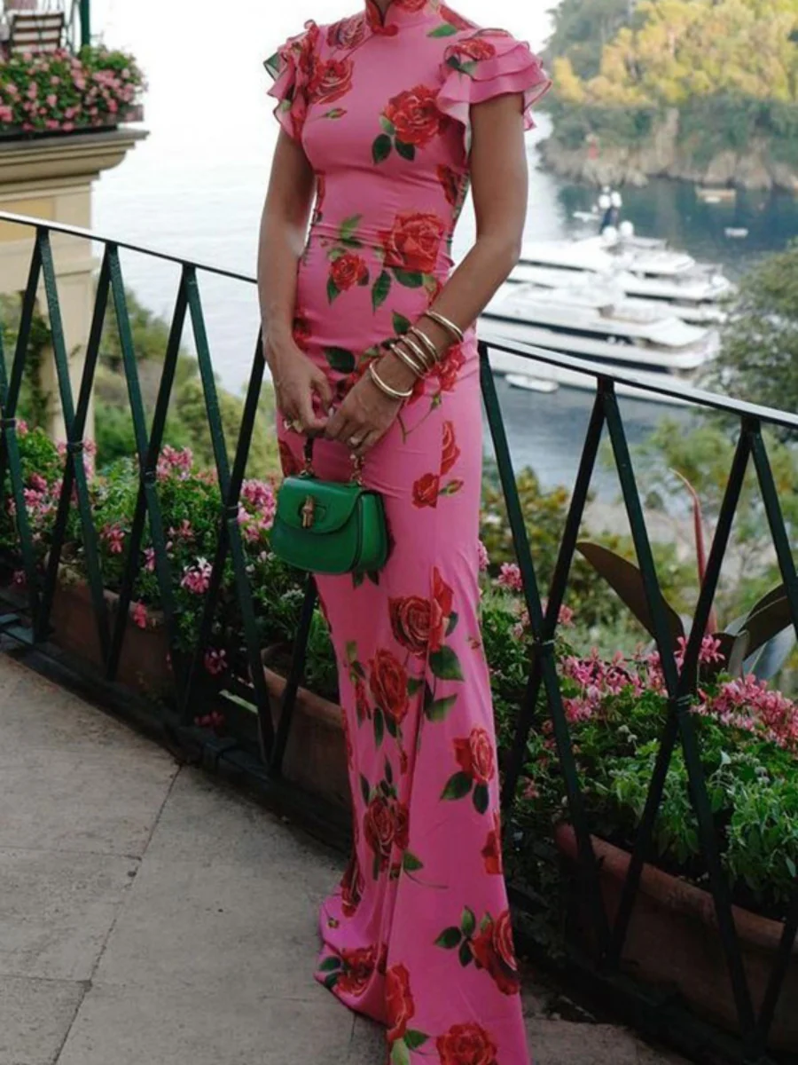 Improved Cheongsam Buttons Printed Formal Dress Maxi Dresses - Image 9