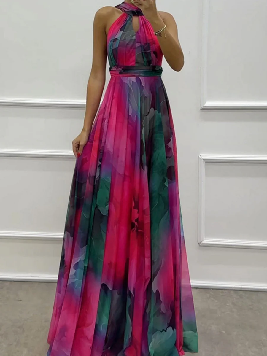 Mesh Printed Halter Formal Dress Maxi Dresses