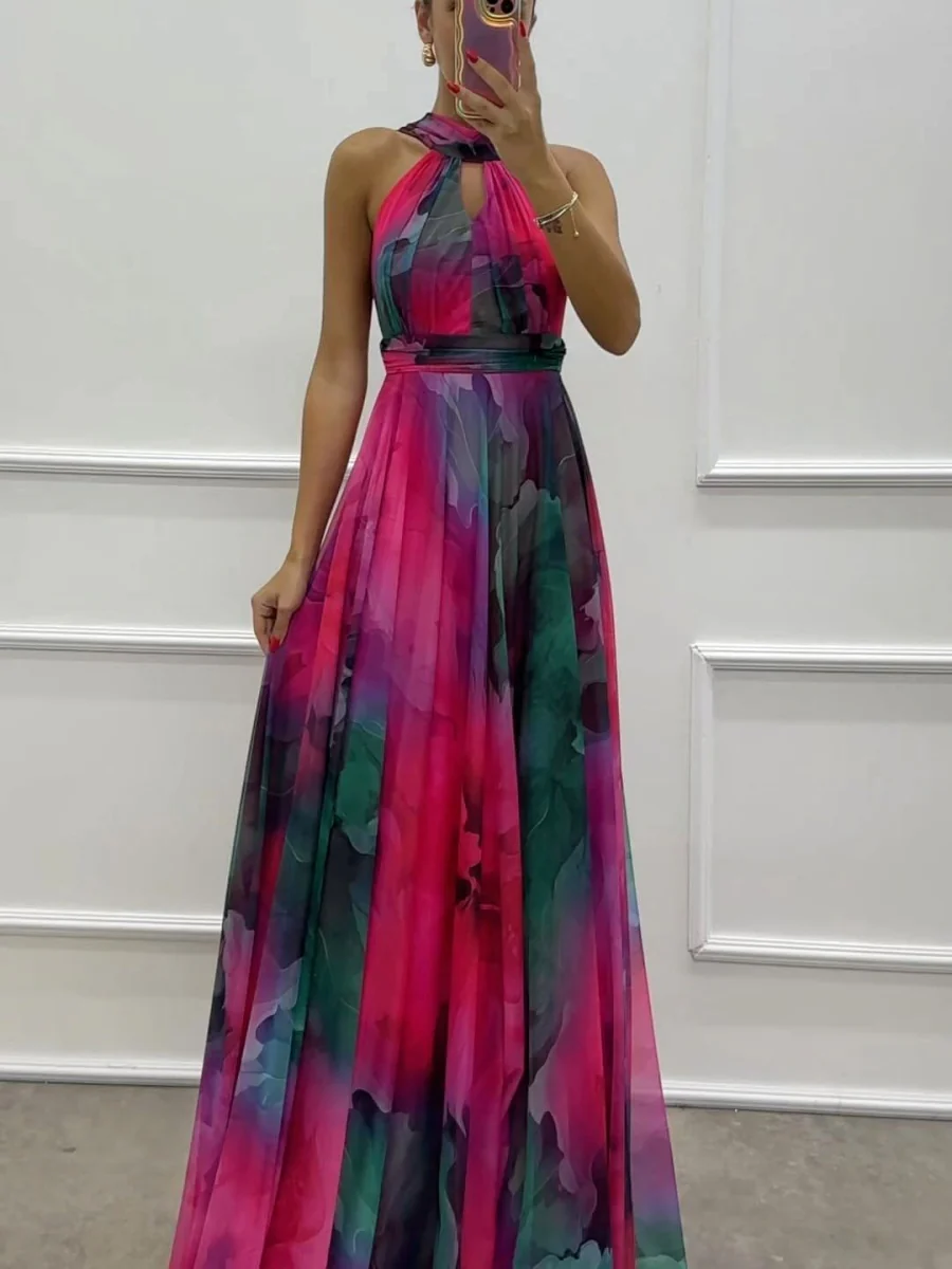Mesh Printed Halter Formal Dress Maxi Dresses - Image 2
