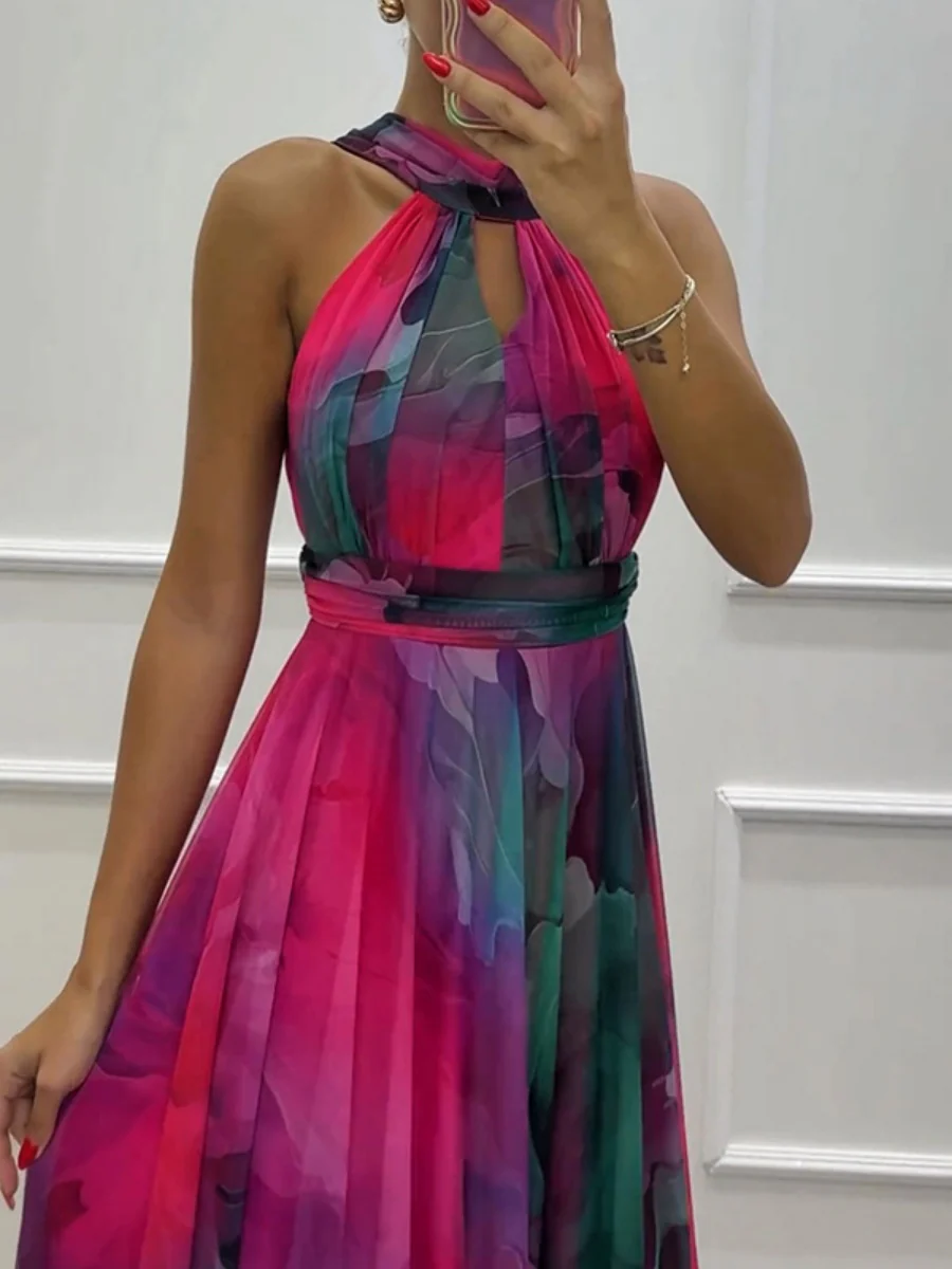 Mesh Printed Halter Formal Dress Maxi Dresses - Image 3