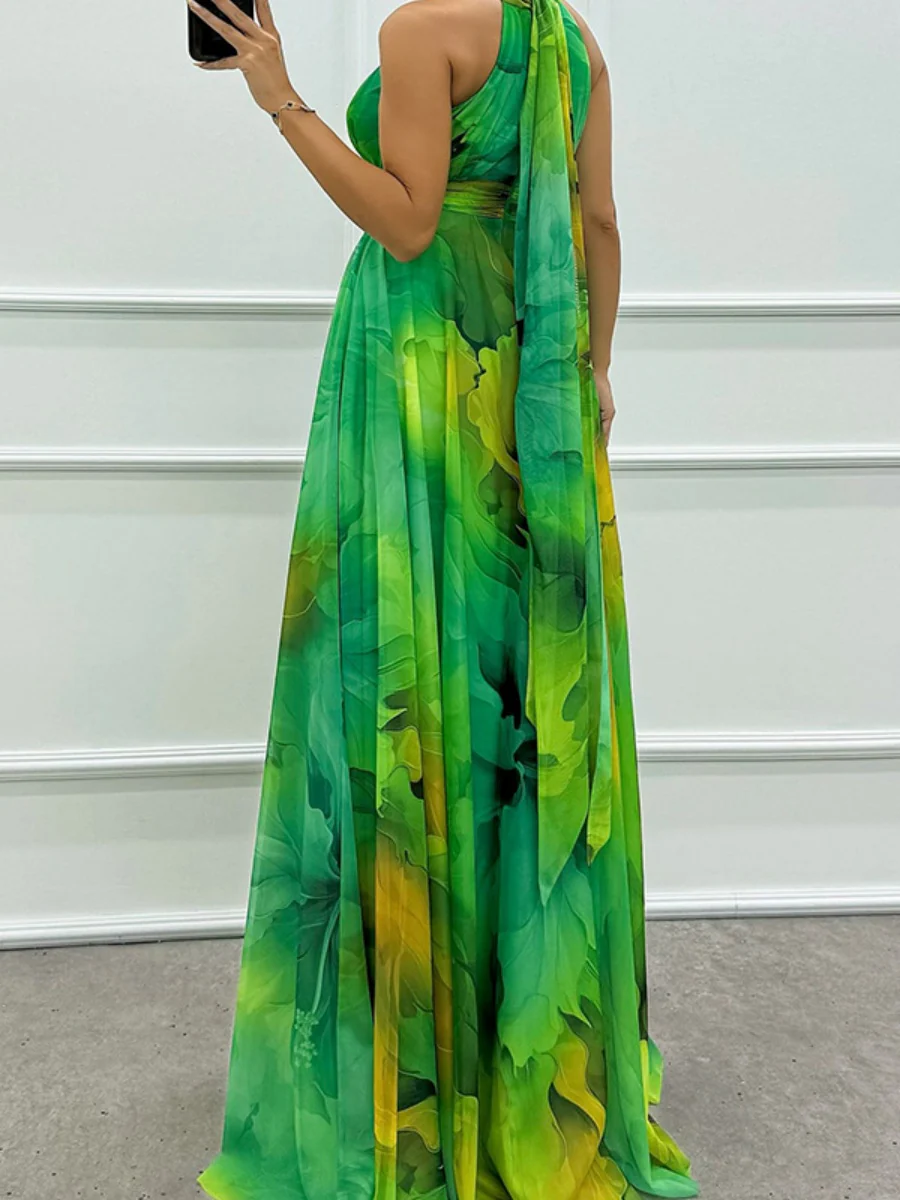 Mesh Printed Halter Formal Dress Maxi Dresses - Image 4