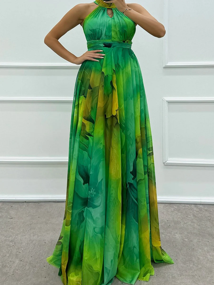 Mesh Printed Halter Formal Dress Maxi Dresses - Image 5