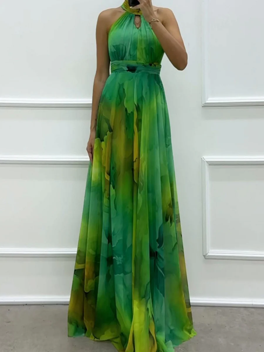Mesh Printed Halter Formal Dress Maxi Dresses - Image 6