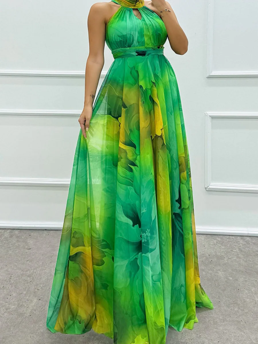 Mesh Printed Halter Formal Dress Maxi Dresses - Image 7