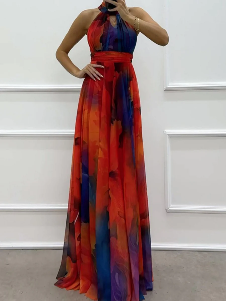 Mesh Printed Halter Formal Dress Maxi Dresses - Image 8