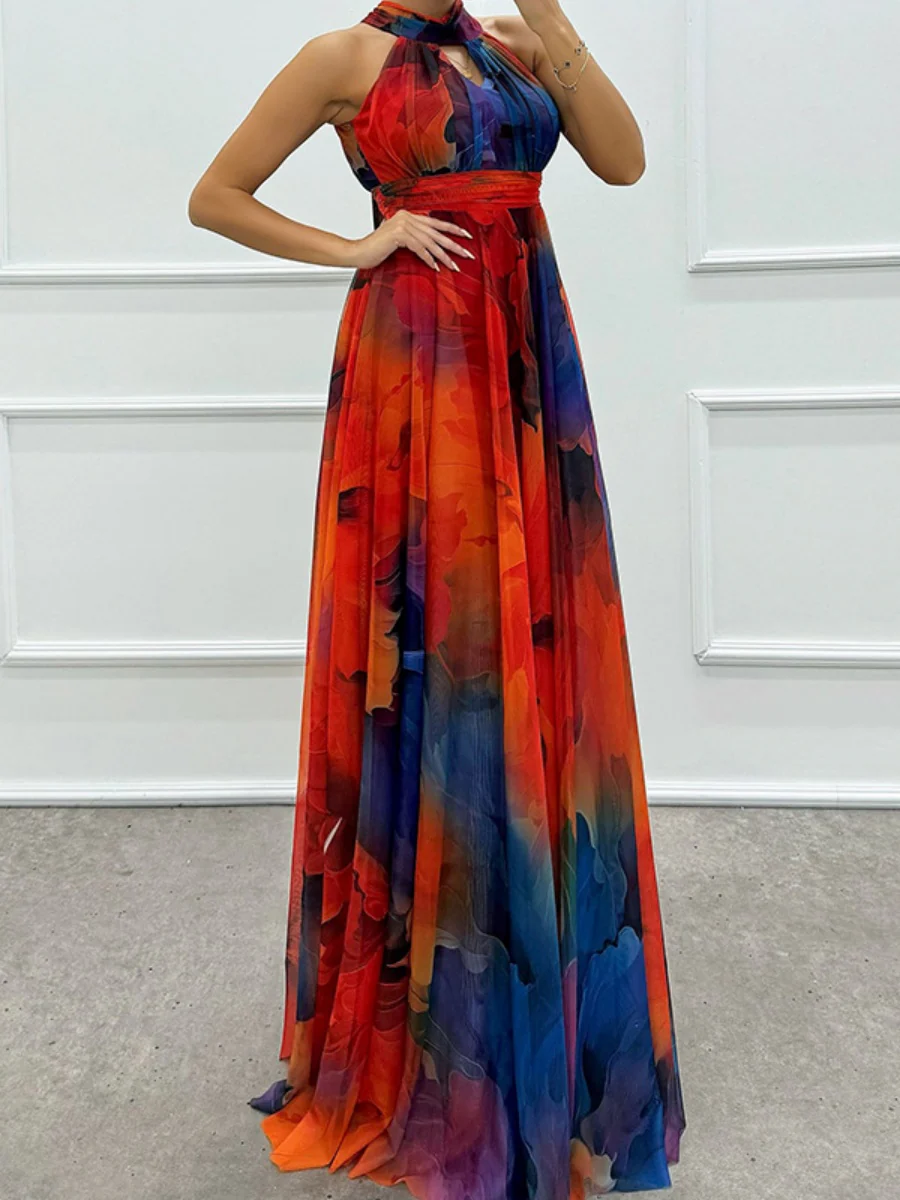 Mesh Printed Halter Formal Dress Maxi Dresses - Image 9