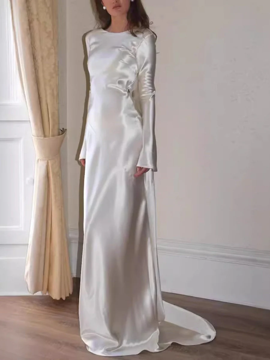 Liber Autumn Women's Backless Solid Color Long sleeve Satin Maxi Dresses