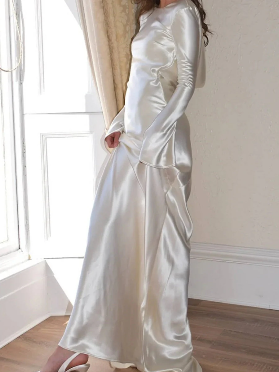 Liber Autumn Women's Backless Solid Color Long sleeve Satin Maxi Dresses - Image 3