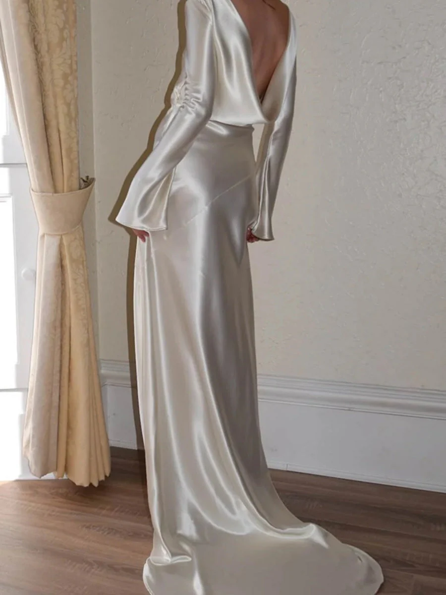 Liber Autumn Women's Backless Solid Color Long sleeve Satin Maxi Dresses - Image 4