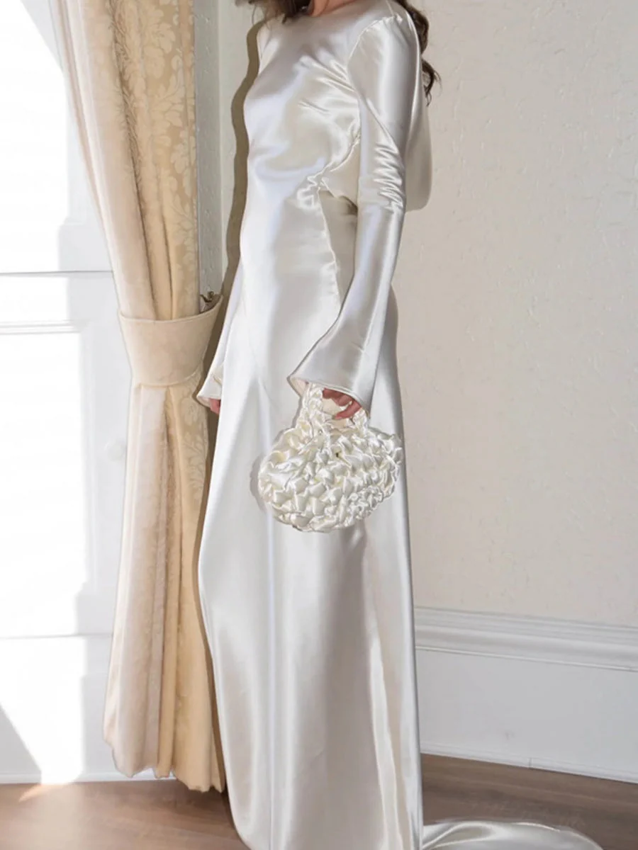 Liber Autumn Women's Backless Solid Color Long sleeve Satin Maxi Dresses - Image 5