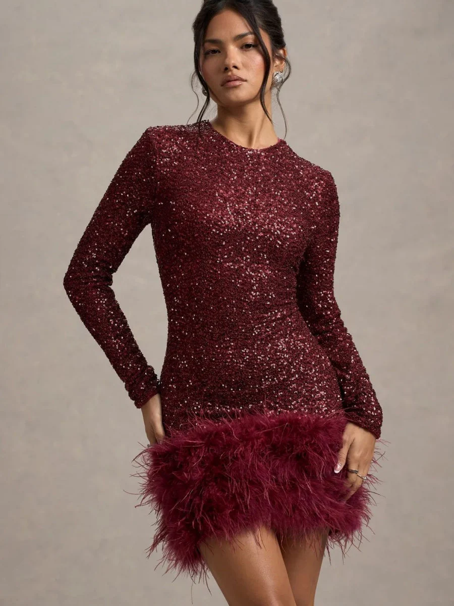 Sequins Feather Trim Mini Dresses - Image 9