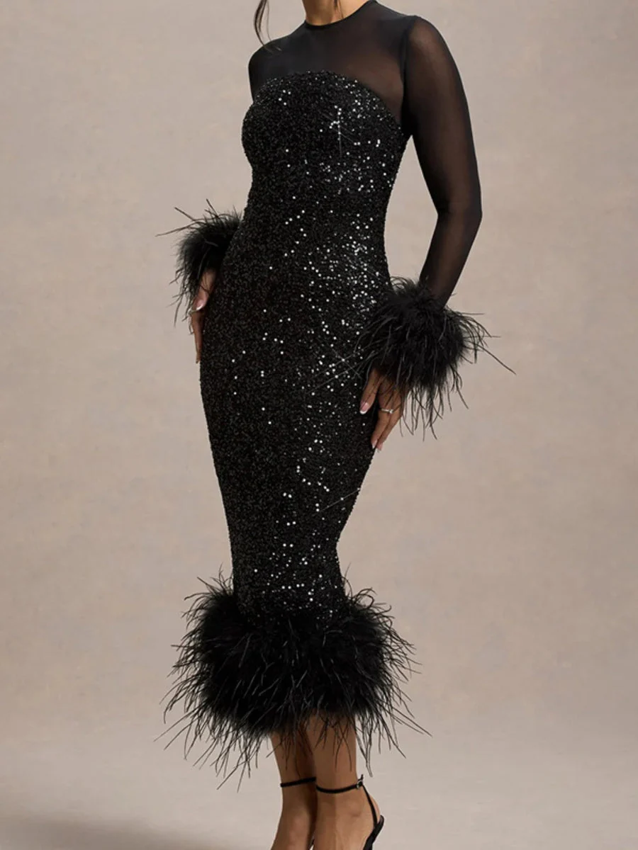 Feather-Trim Sequin Backless Slit Bodycon Dress - Image 3