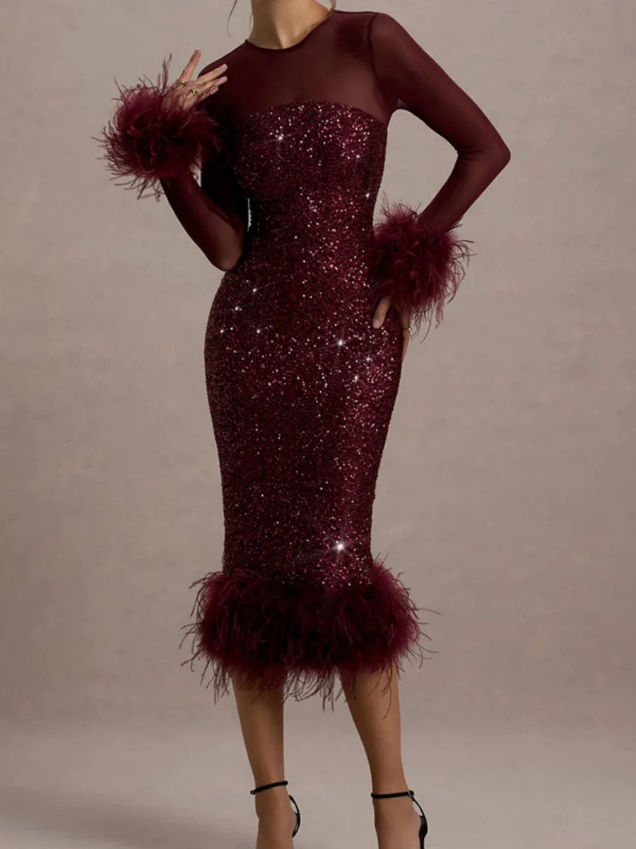 Feather-Trim Sequin Backless Slit Bodycon Dress - Image 4