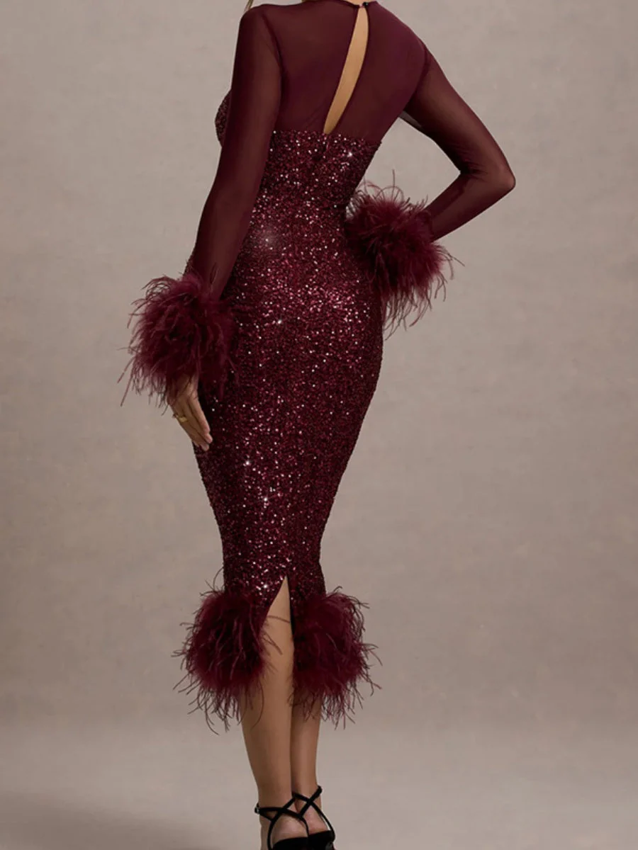 Feather-Trim Sequin Backless Slit Bodycon Dress - Image 5