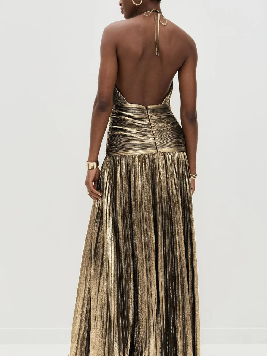 Metallic Halter Neck Style Crimp Slit Thin Strap Sleeveless Backless Cocktail Party Parties Formal Dress Long Dress - Image 10