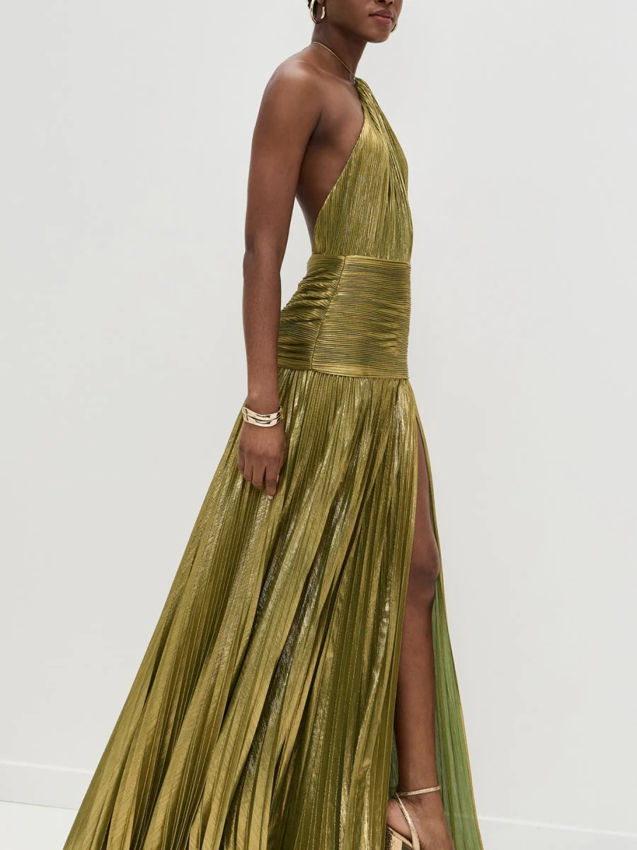 Metallic Halter Neck Style Crimp Slit Thin Strap Sleeveless Backless Cocktail Party Parties Formal Dress Long Dress - Image 5