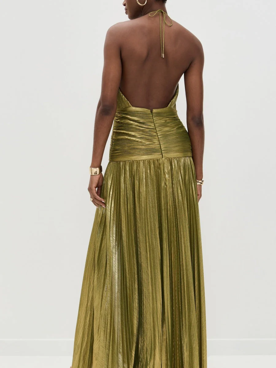 Metallic Halter Neck Style Crimp Slit Thin Strap Sleeveless Backless Cocktail Party Parties Formal Dress Long Dress - Image 6