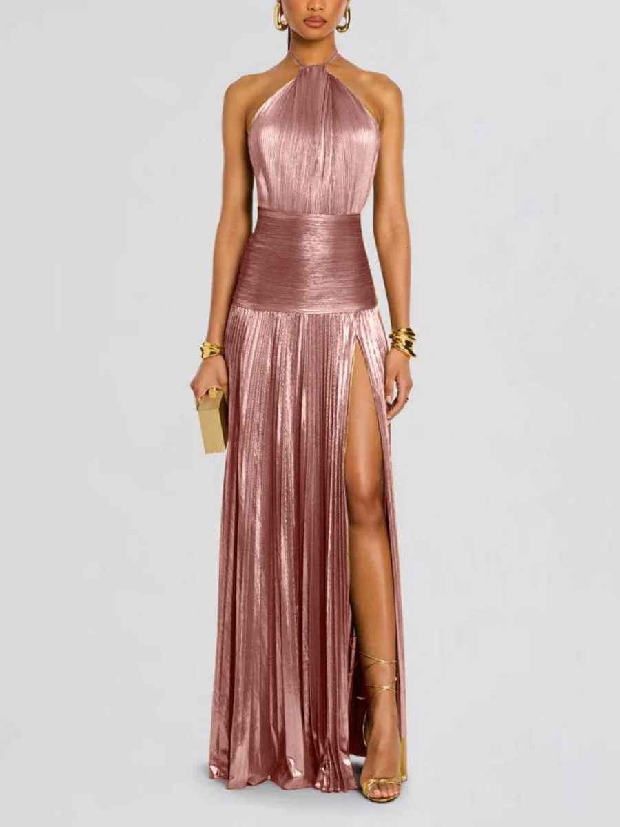 Metallic Halter Neck Style Crimp Slit Thin Strap Sleeveless Backless Cocktail Party Parties Formal Dress Long Dress - Image 7