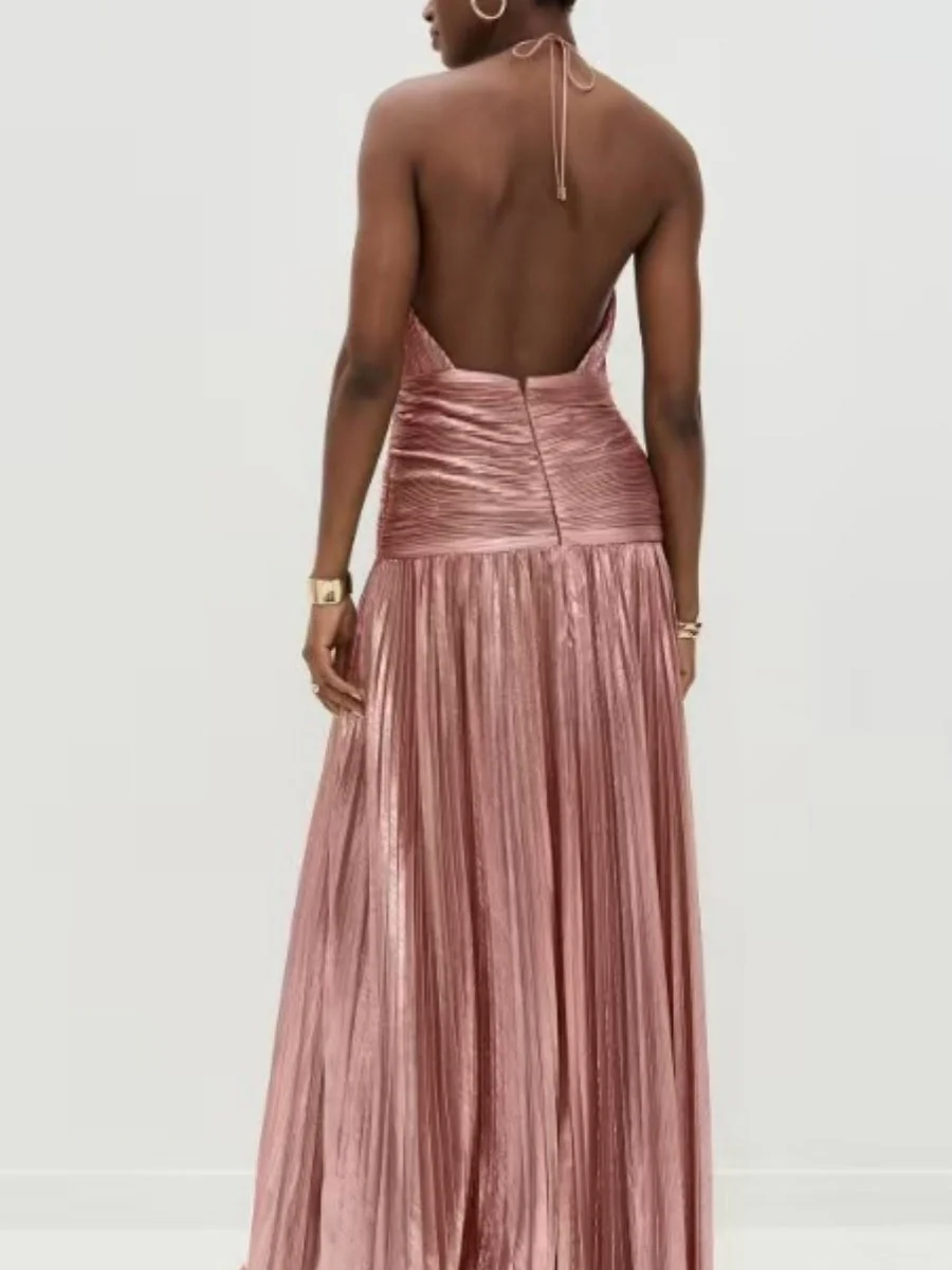 Metallic Halter Neck Style Crimp Slit Thin Strap Sleeveless Backless Cocktail Party Parties Formal Dress Long Dress - Image 8
