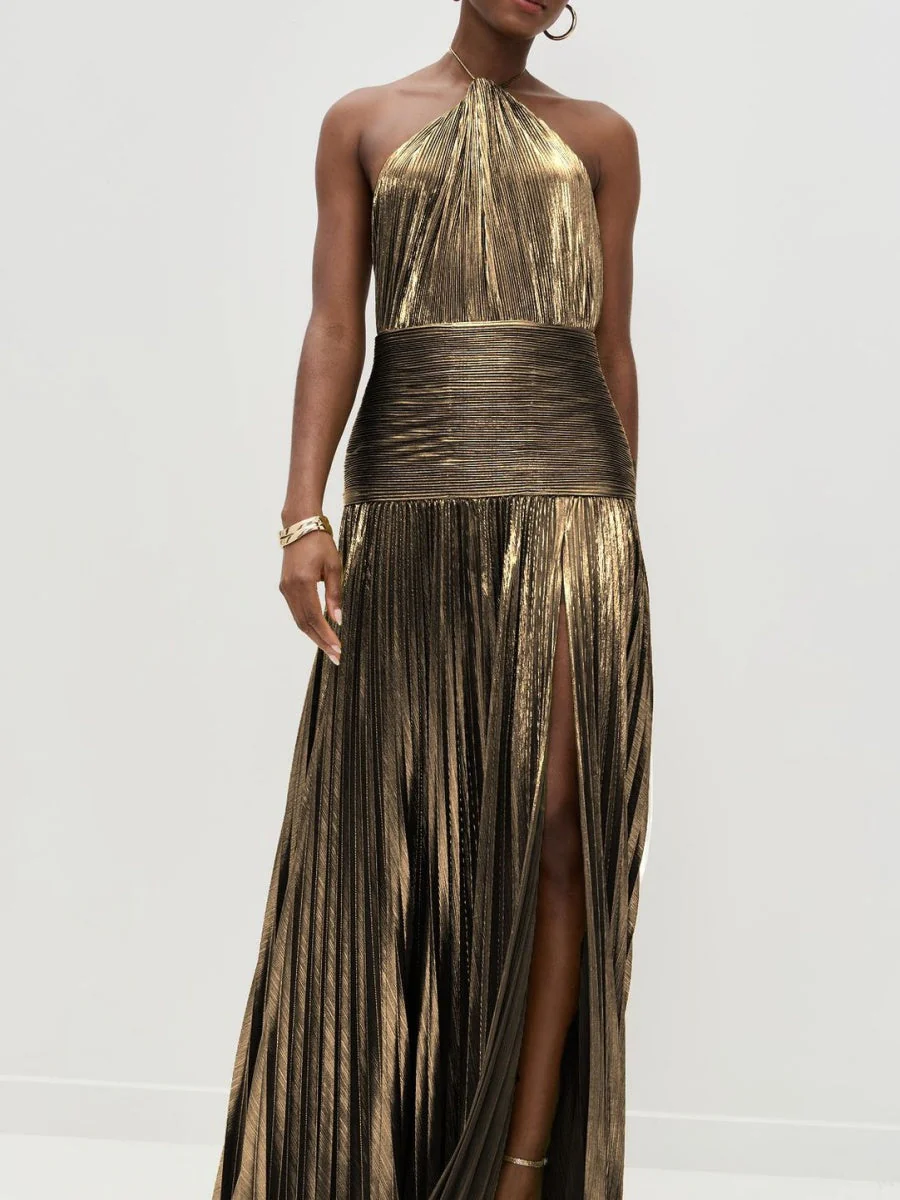 Metallic Halter Neck Style Crimp Slit Thin Strap Sleeveless Backless Cocktail Party Parties Formal Dress Long Dress - Image 9
