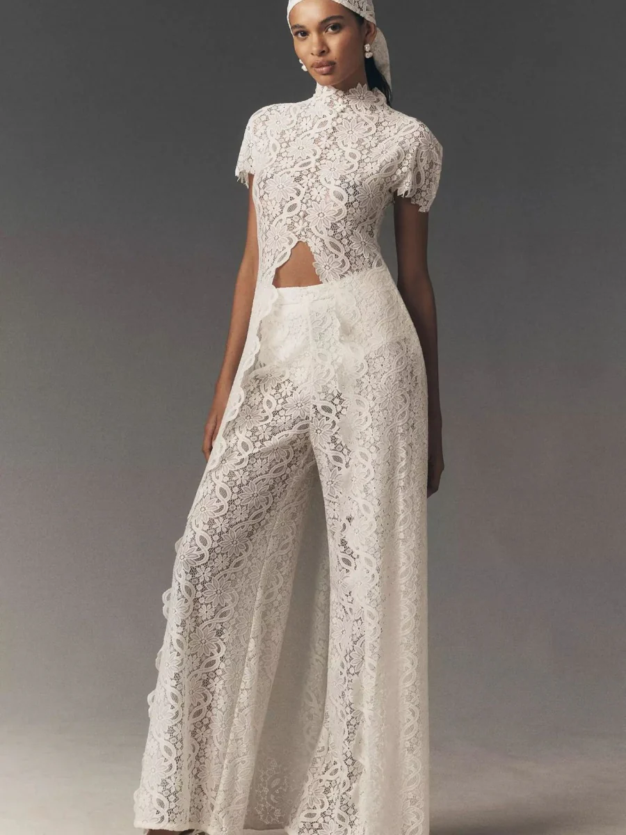 Lace Stand Collar Slit Shirts Wide-leg Pants Set 2-piece Sets