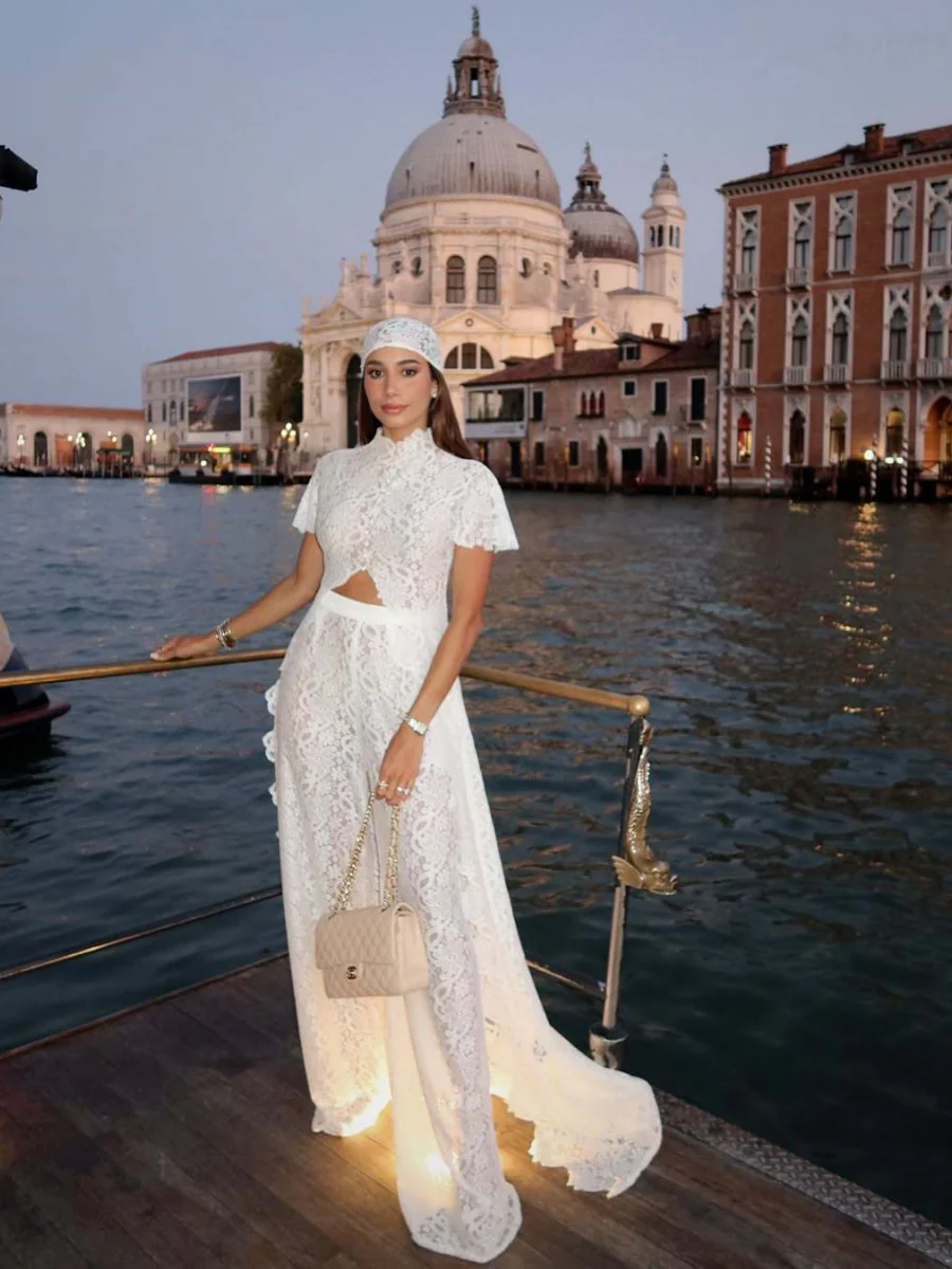 Lace Stand Collar Slit Shirts Wide-leg Pants Set 2-piece Sets - Image 2