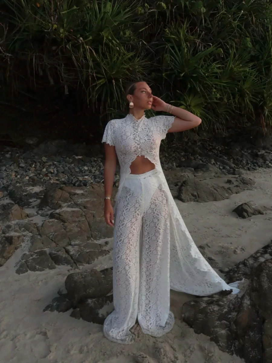 Lace Stand Collar Slit Shirts Wide-leg Pants Set 2-piece Sets - Image 3