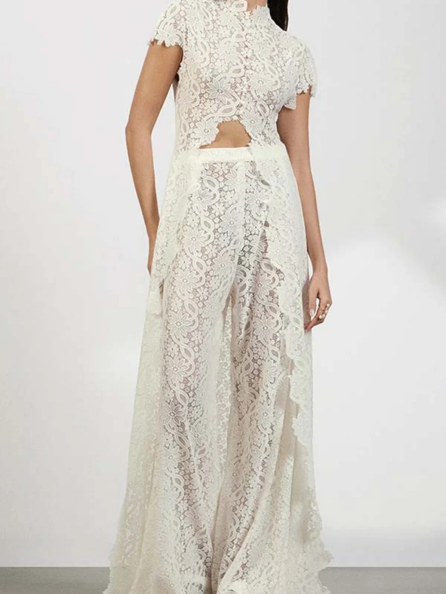 Lace Stand Collar Slit Shirts Wide-leg Pants Set 2-piece Sets - Image 6