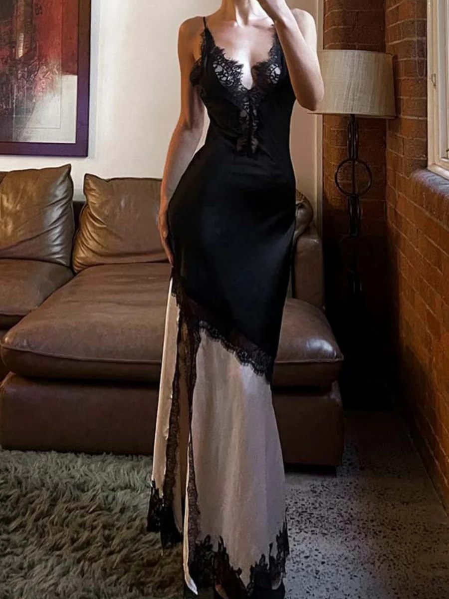 Lace Splicing Color-blocked Reunion Maxi Dresses - Image 9