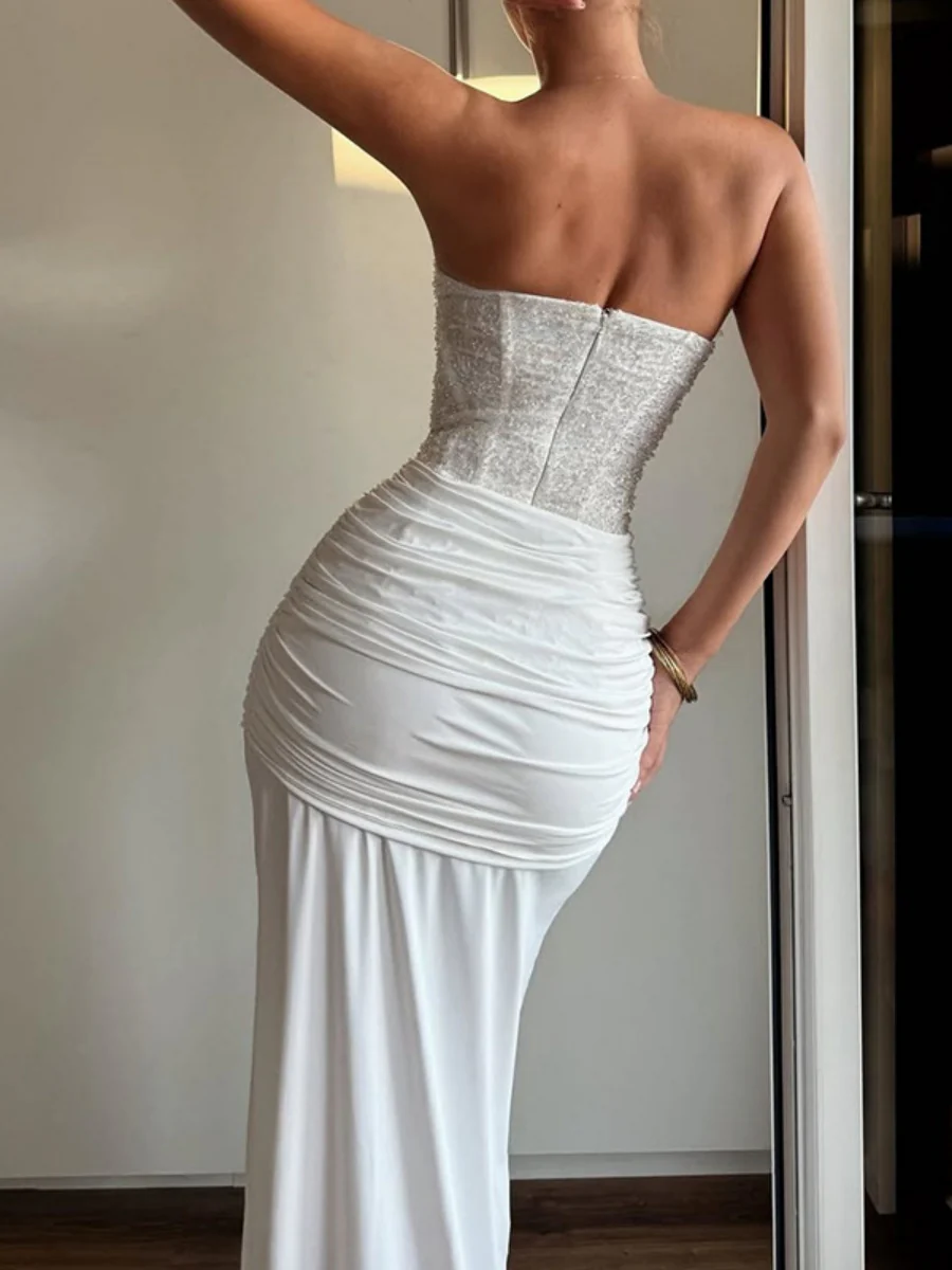 Sequins Tube Top Splicing Bandage Formal Dress Maxi Dresses - Image 3