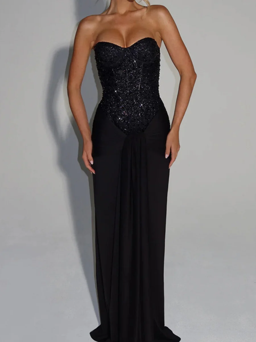 Sequins Tube Top Splicing Bandage Formal Dress Maxi Dresses - Image 9