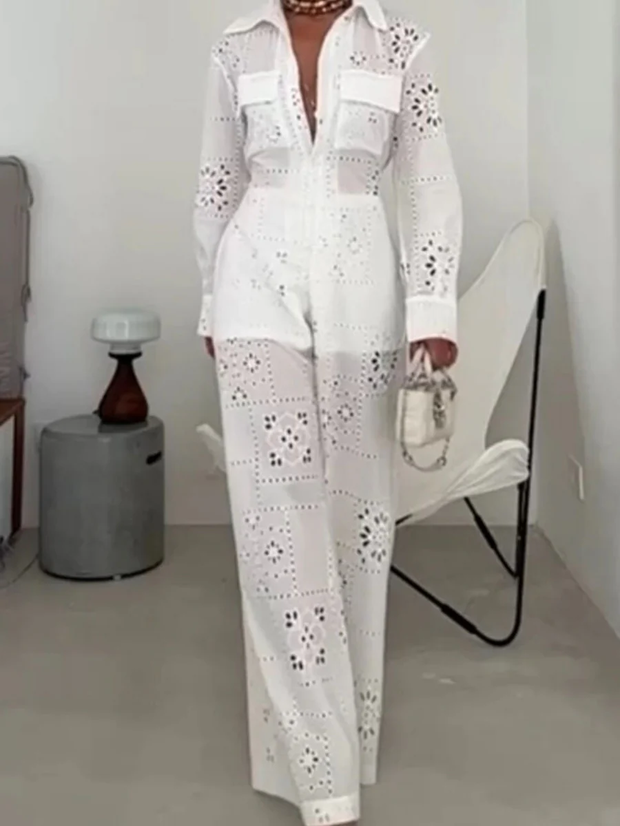 Hollow Applique Straight-leg Vacation Jumpsuit - Image 3
