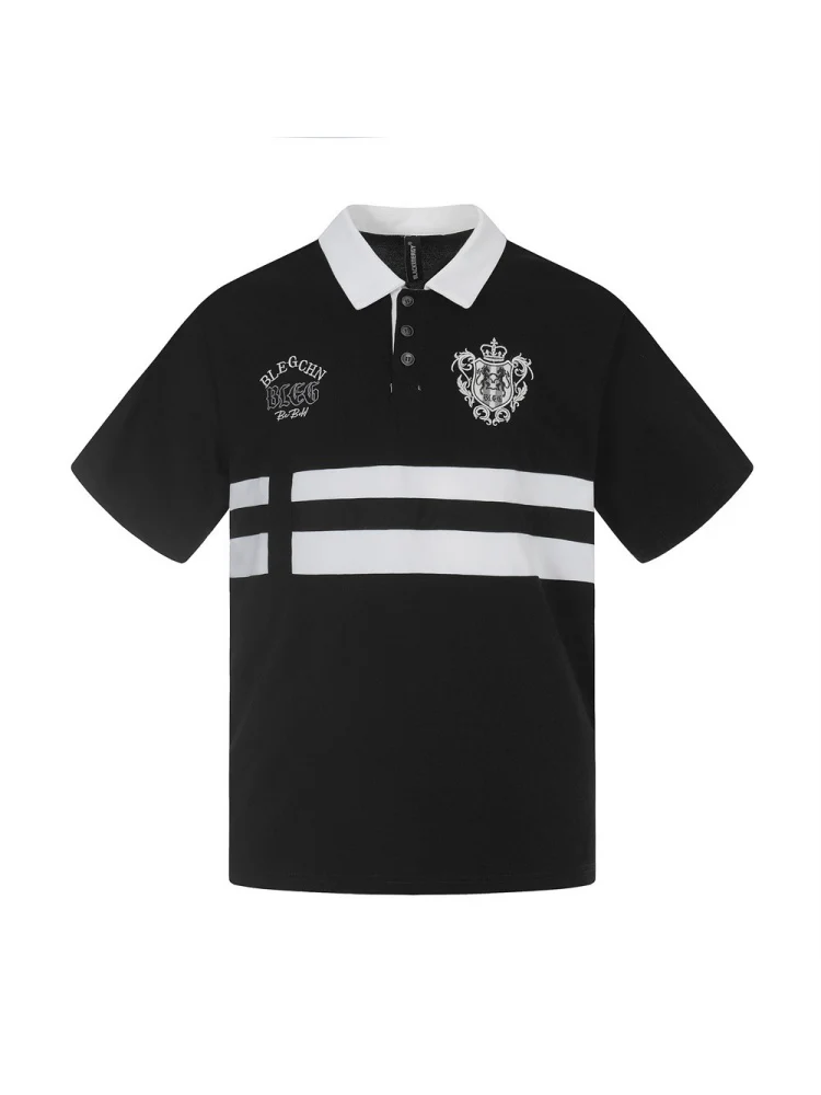 Stripes Patchwork Color-blocked Ins Embroidery Loose-fit Polo - Image 2