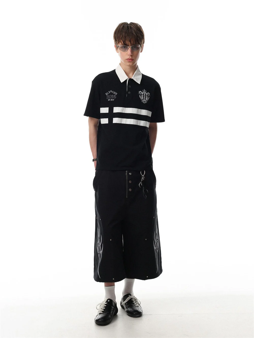 Stripes Patchwork Color-blocked Ins Embroidery Loose-fit Polo - Image 3